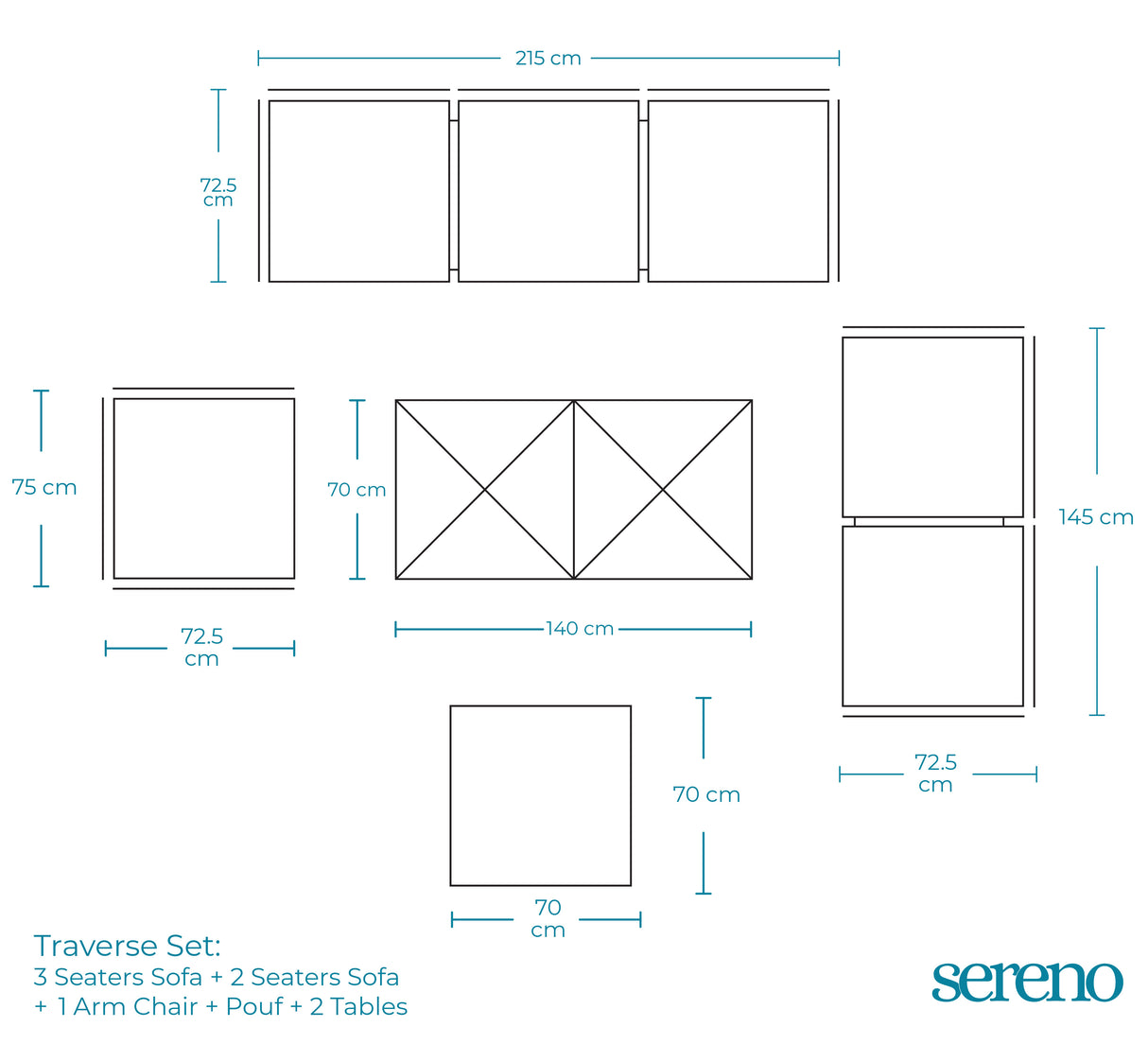 Traverse Three Seaters Sofa + 2 Seaters Sofa + Chair + Pouf + 2 Tables